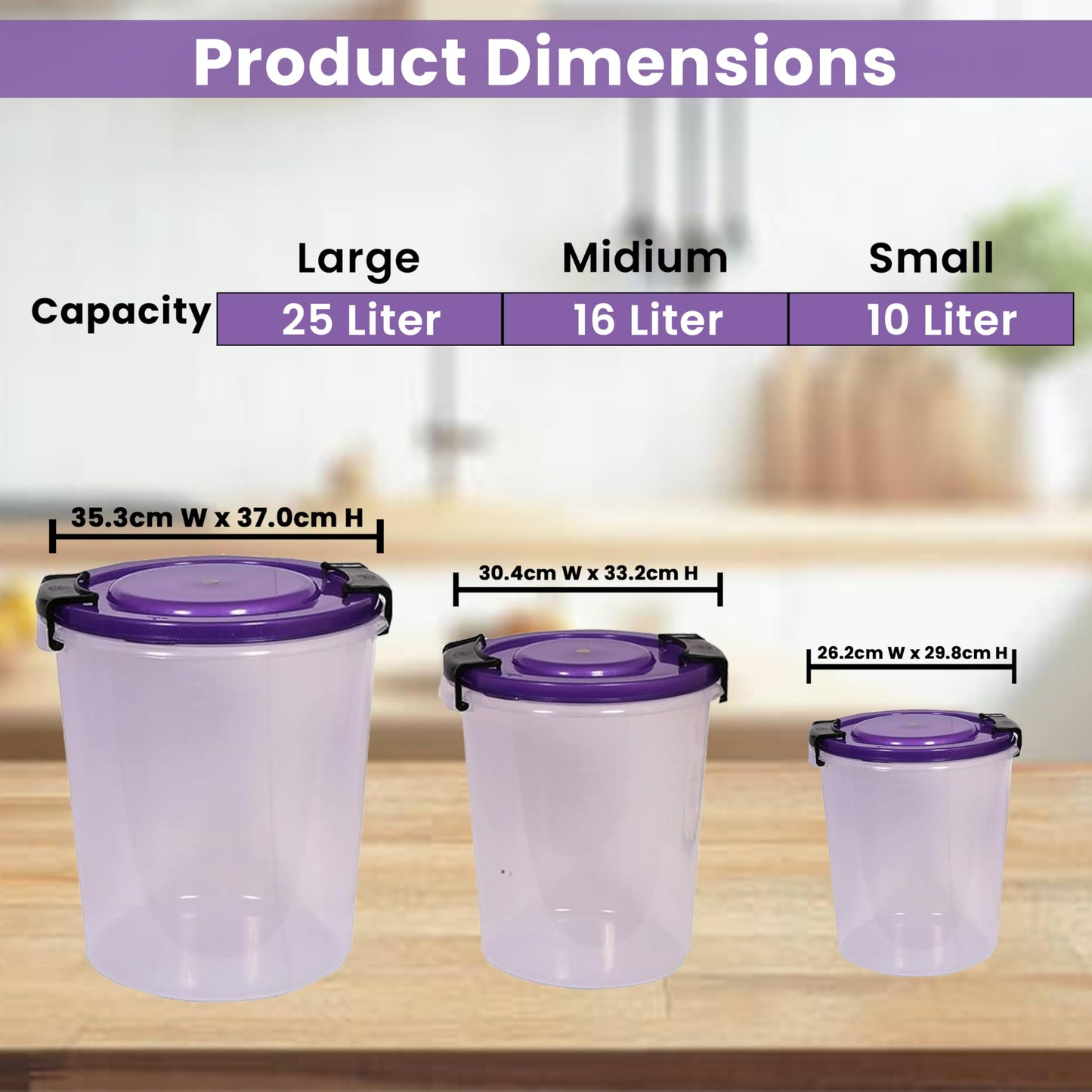 STL Set of 3 Round Plastic Kitchen Food Storage Container Set with Lids(10Ltr,16Ltr,25Ltr) | Airtight & Leakproof Storage Containers | Microwave,Freezer&Dishwasher Safe