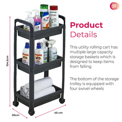 STL 3-Tier Plastic Storage Cart with 2 Sturdy Handle, Rolling Utility Cart with 3 Baskets, Space Saving Organizer for Kitchen, Bathroom, Office and Living Room