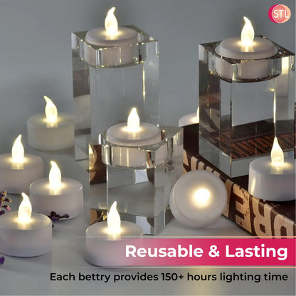 STL Battery Operated Flameless LED Tea Lights Candles, Warm Yellow Flickering Light, 150+ Hours Continuous Use, Safe and Realistic, Perfect for Weddings, Parties and Seasonal Decorations