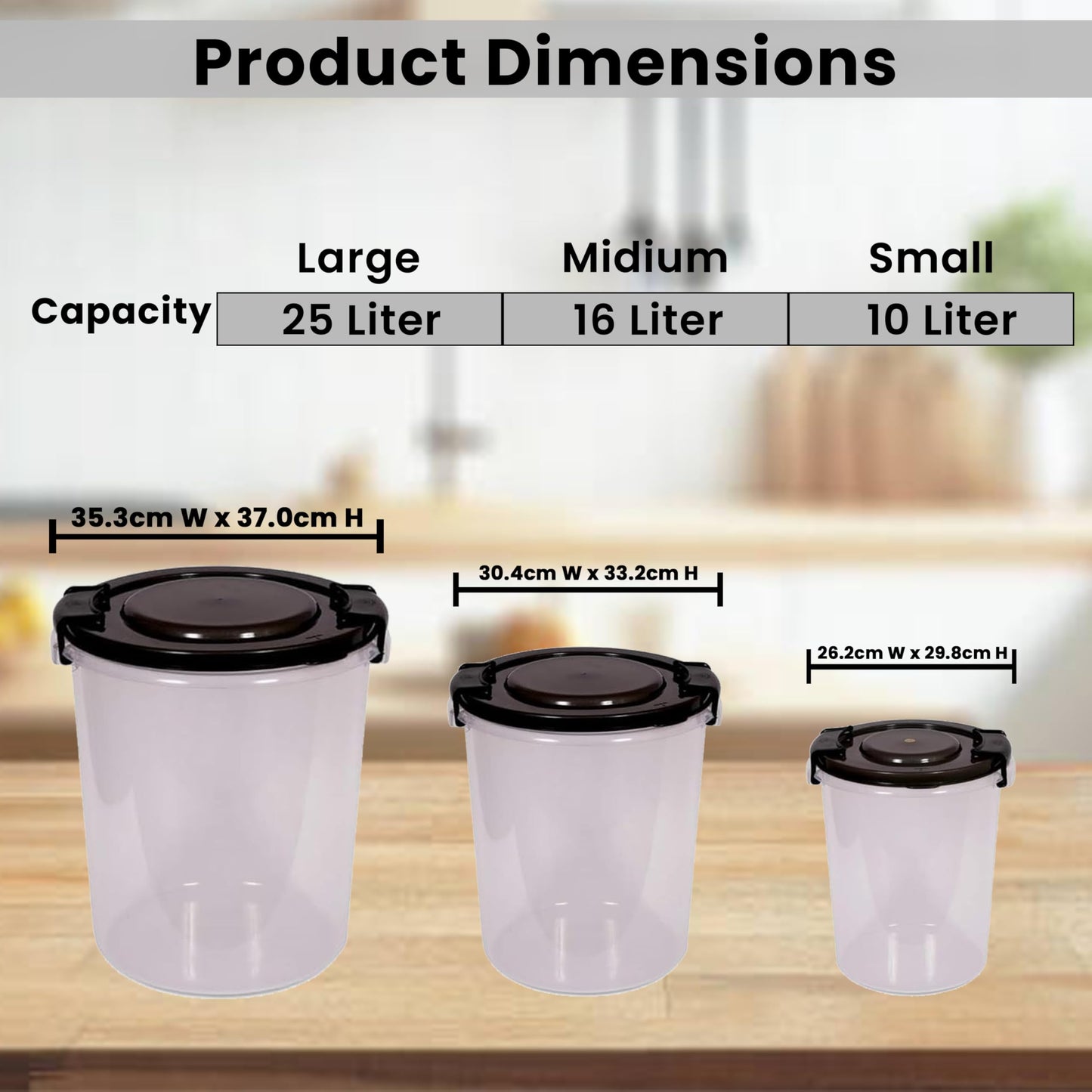 STL Set of 3 Round Plastic Kitchen Food Storage Container Set with Lids(10Ltr,16Ltr,25Ltr) | Airtight & Leakproof Storage Containers | Microwave,Freezer&Dishwasher Safe
