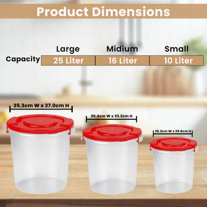 STL Set of 3 Round Plastic Kitchen Food Storage Container Set with Lids(10Ltr,16Ltr,25Ltr) | Airtight & Leakproof Storage Containers | Microwave,Freezer&Dishwasher Safe