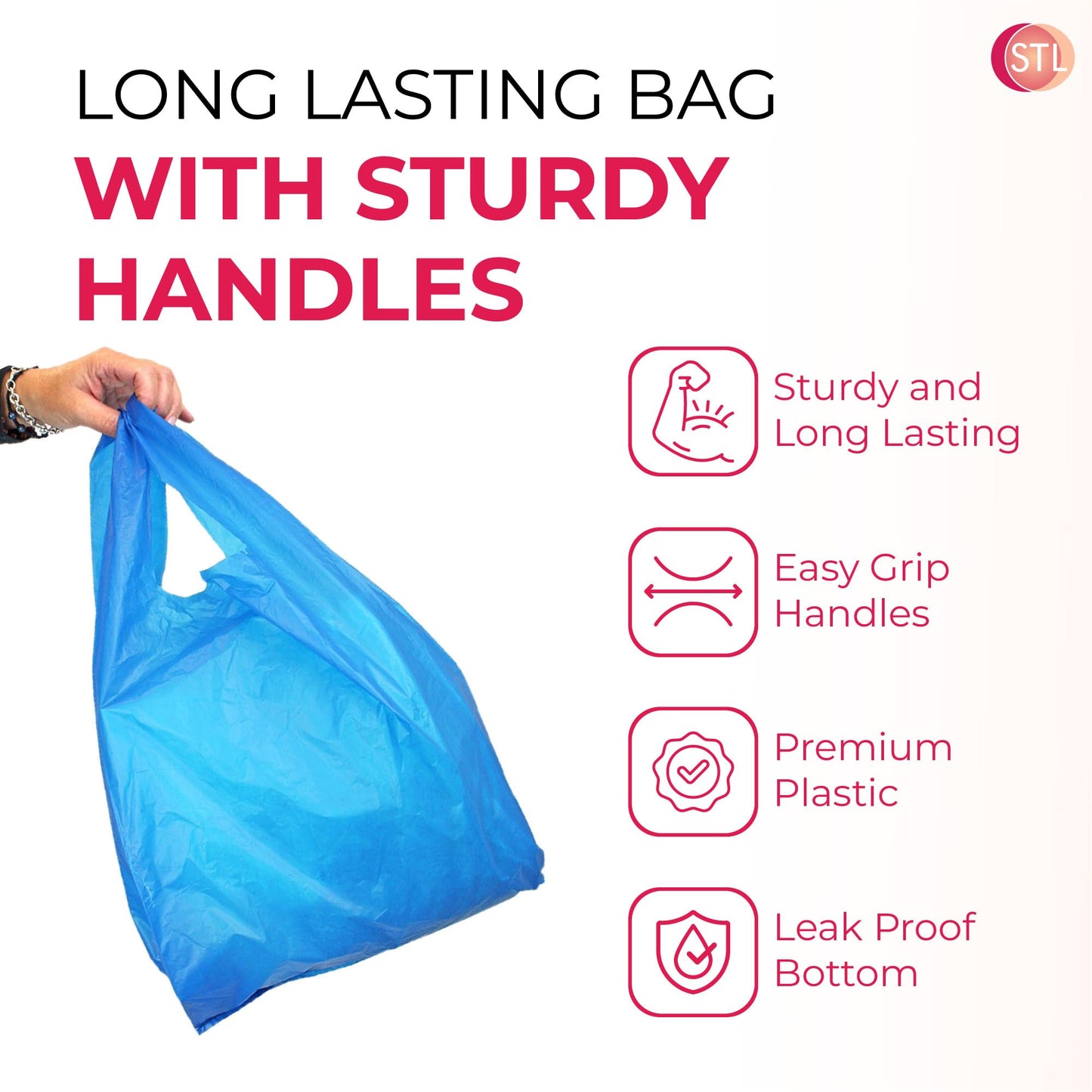 STL Heavy-Duty Blue Plastic Vest Carrier Bags with Handles, Tear-Resistant and Leak-Proof Multi-Purpose Bags for Groceries, Shopping, Takeaways, and Storage