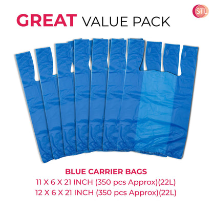 STL Heavy-Duty Blue Plastic Vest Carrier Bags with Handles, Tear-Resistant and Leak-Proof Multi-Purpose Bags for Groceries, Shopping, Takeaways, and Storage