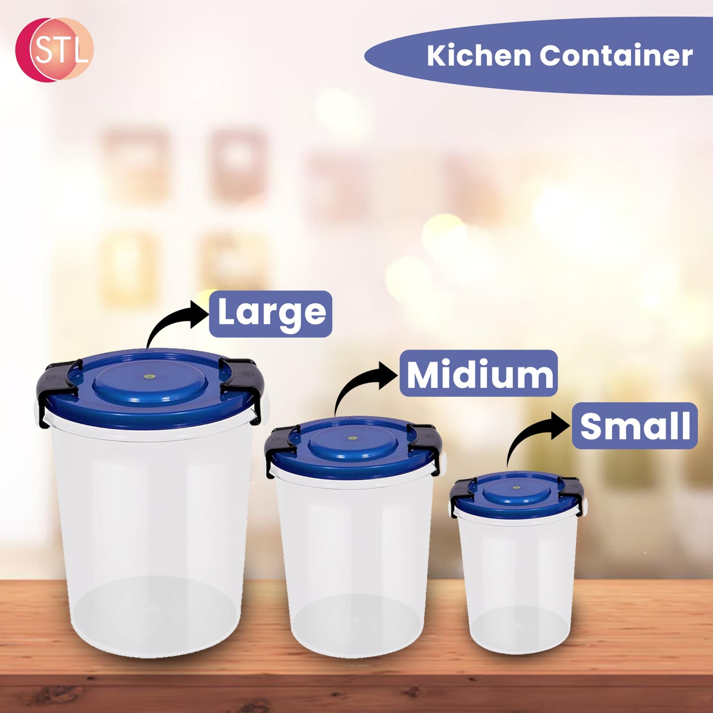 STL Set of 3 Round Plastic Kitchen Food Storage Container Set with Lids(10Ltr,16Ltr,25Ltr) | Airtight & Leakproof Storage Containers | Microwave,Freezer&Dishwasher Safe