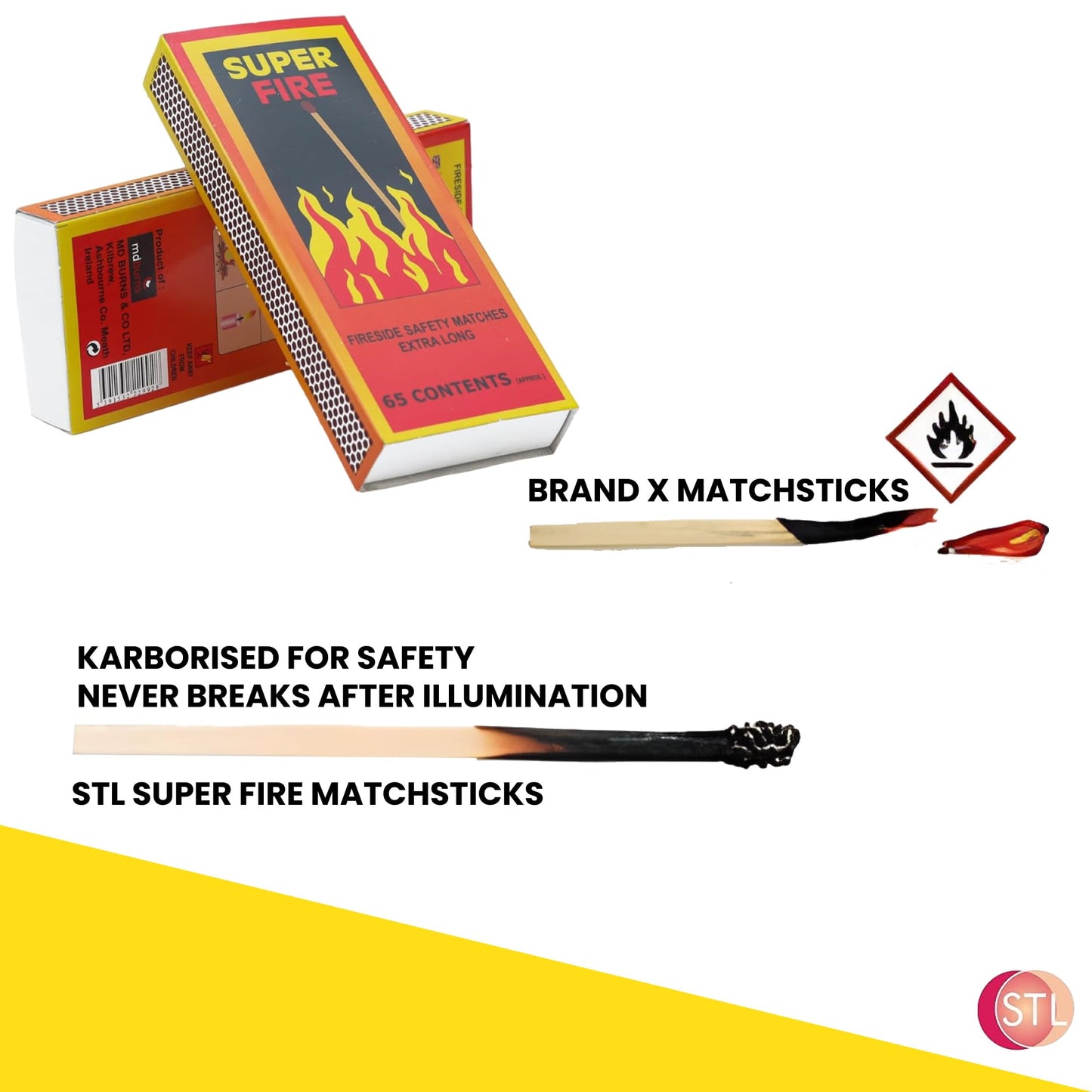 STL Super Fire Extra Long Safety Matches - 15cm Matches for Wood Burners, BBQs, Fire Pits, Stoves & More - 65 Matches per Box - Premium Quality & Safe Ignition