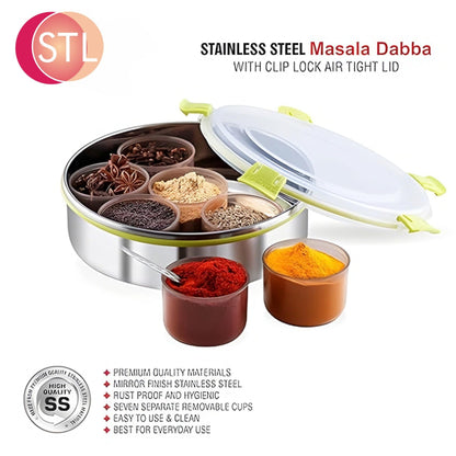 STL Masala Dabba (Spice Box) | Authentic Indian Style Stainless Steel Masala Dabba | with 7 Removable Compartments & 2 Spoons | See through Lid |
