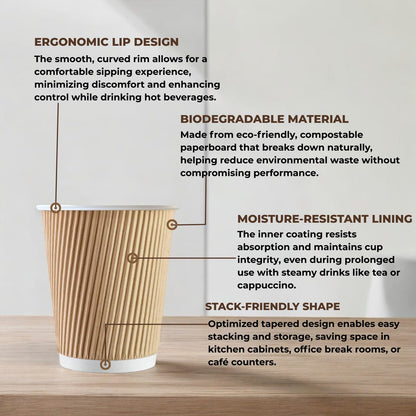 STL Disposable Kraft Coffee Ripple Cups Paper Cups for Hot & Cold Drinks Triple Walled Insulated Leakproof Paper Cup Reusable Takeaway Ideal for Café,Office,Events