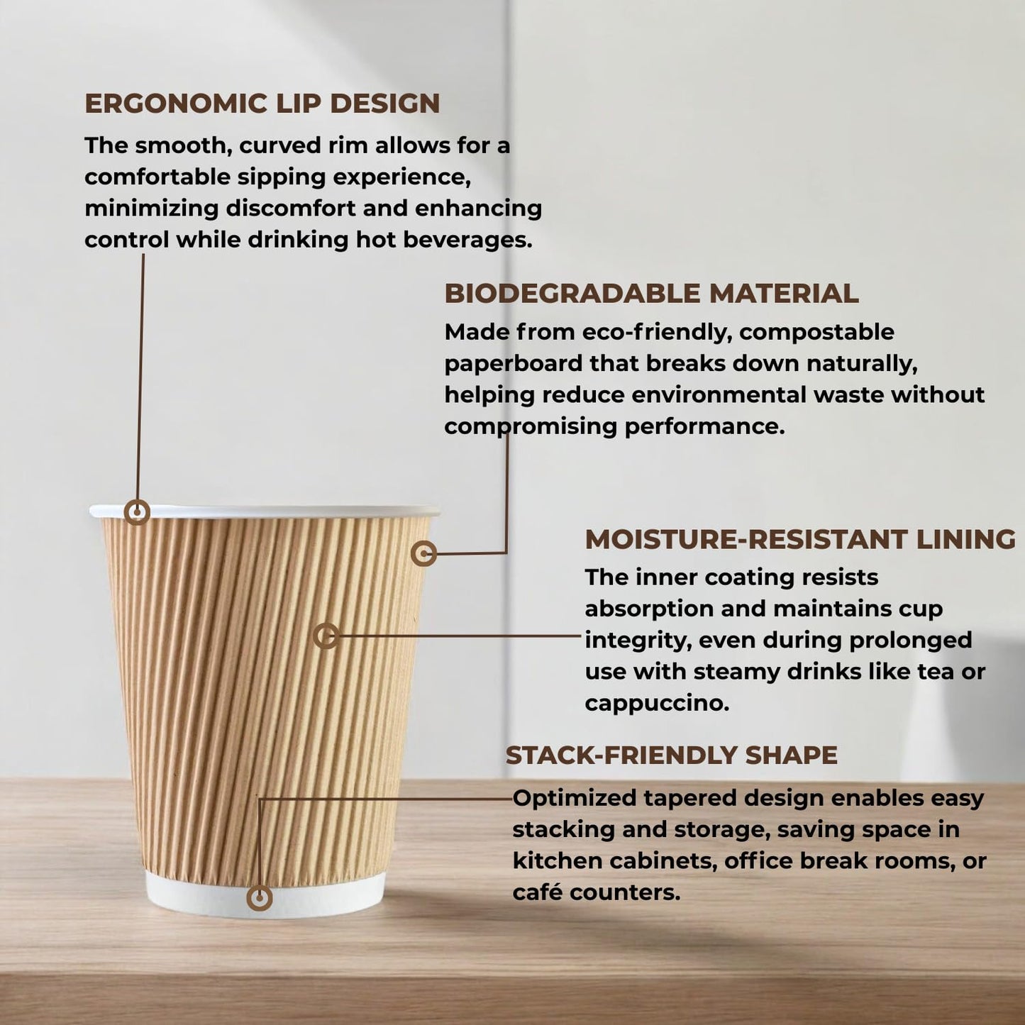 STL Disposable Kraft Coffee Ripple Cups Paper Cups for Hot & Cold Drinks Triple Walled Insulated Leakproof Paper Cup Reusable Takeaway Ideal for Café,Office,Events