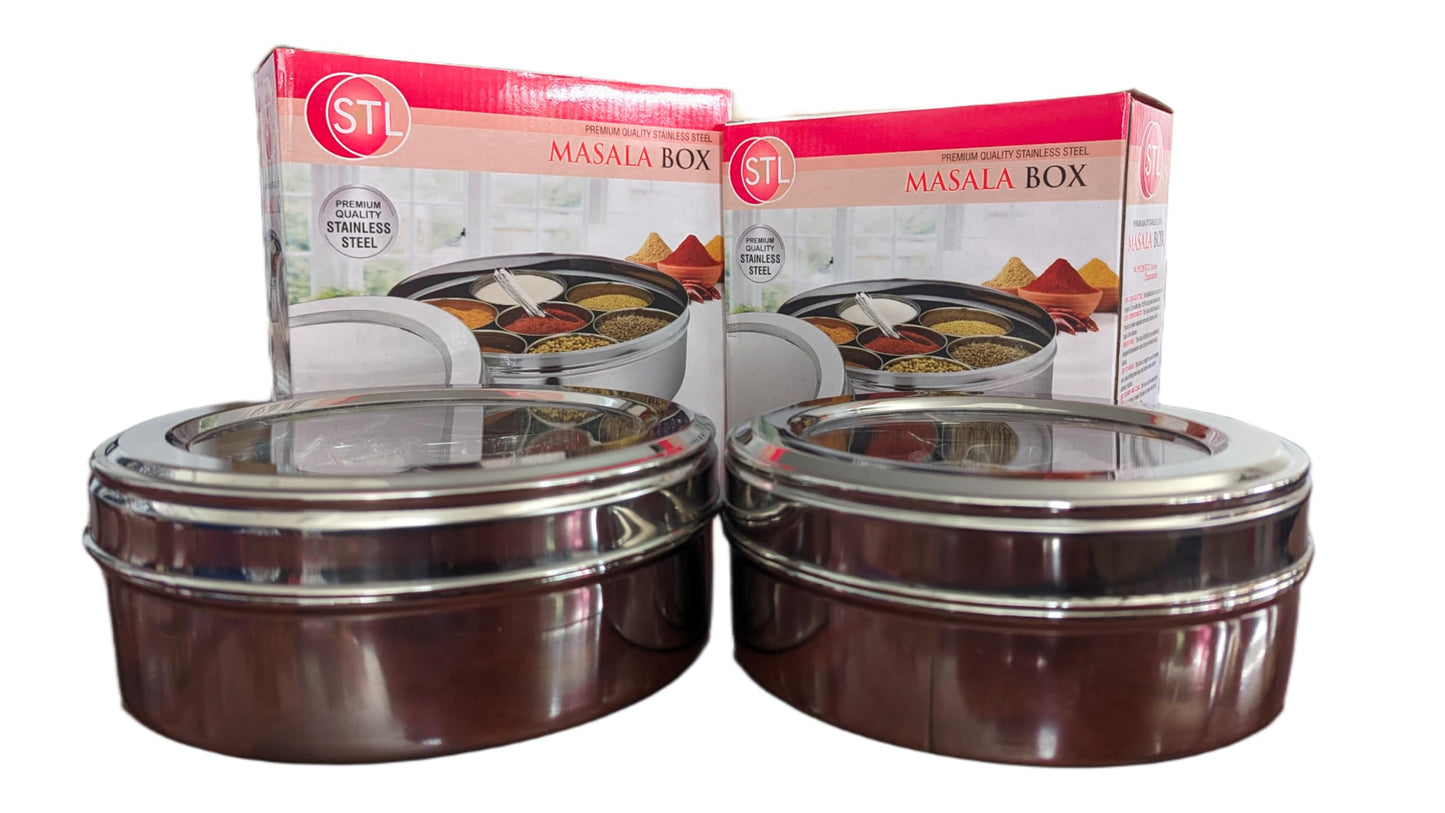 STL Masala Dabba (Spice Box) | Authentic Indian Style Stainless Steel Masala Dabba | with 7 Removable Compartments & 2 Spoons | See through Lid |