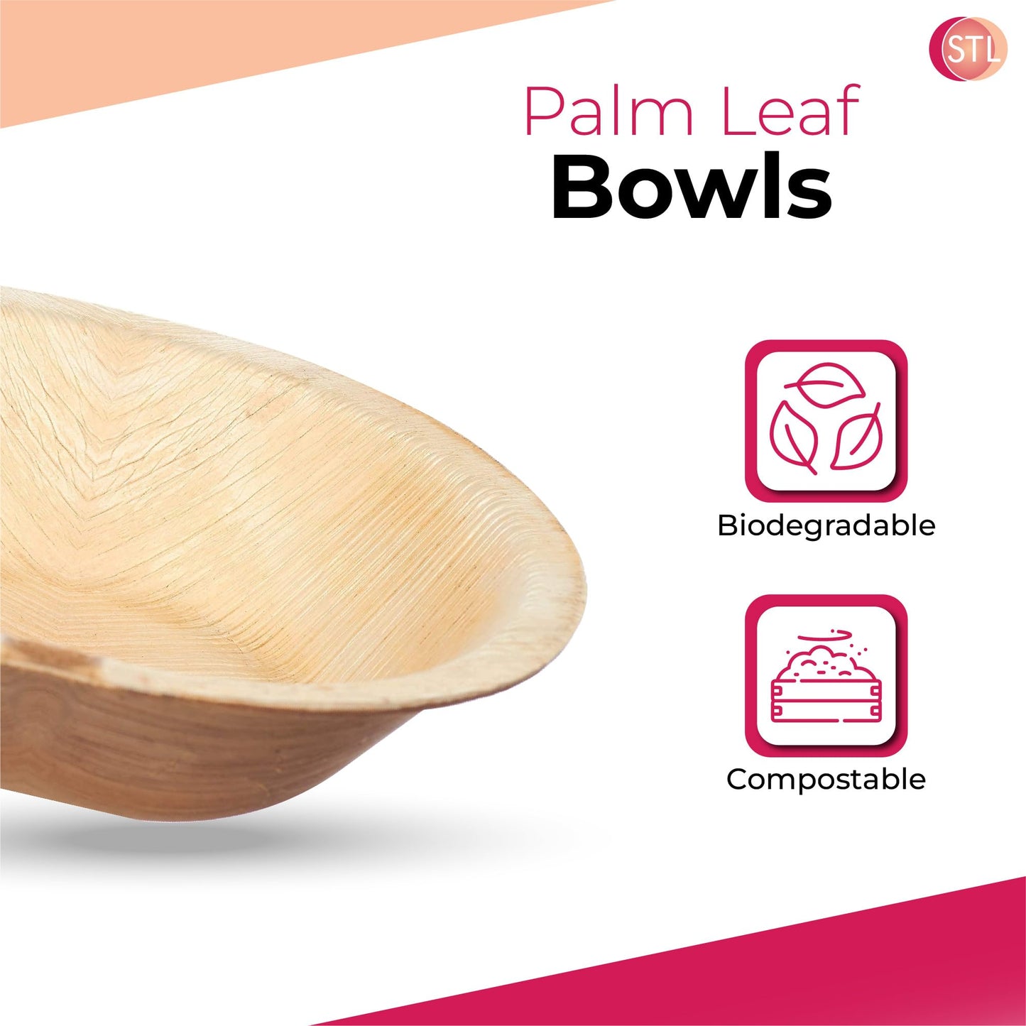 STL 25-Pack Disposable Palm Leaf Bowl, Sustainable, Microwave & Freezer Safe, Ideal for Desserts, Salads, & Snacks, Eco-Conscious Party & Event Tableware