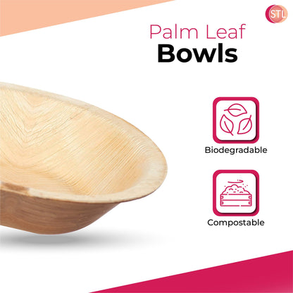 STL 25-Pack Disposable Palm Leaf Bowl, Sustainable, Microwave & Freezer Safe, Ideal for Desserts, Salads, & Snacks, Eco-Conscious Party & Event Tableware