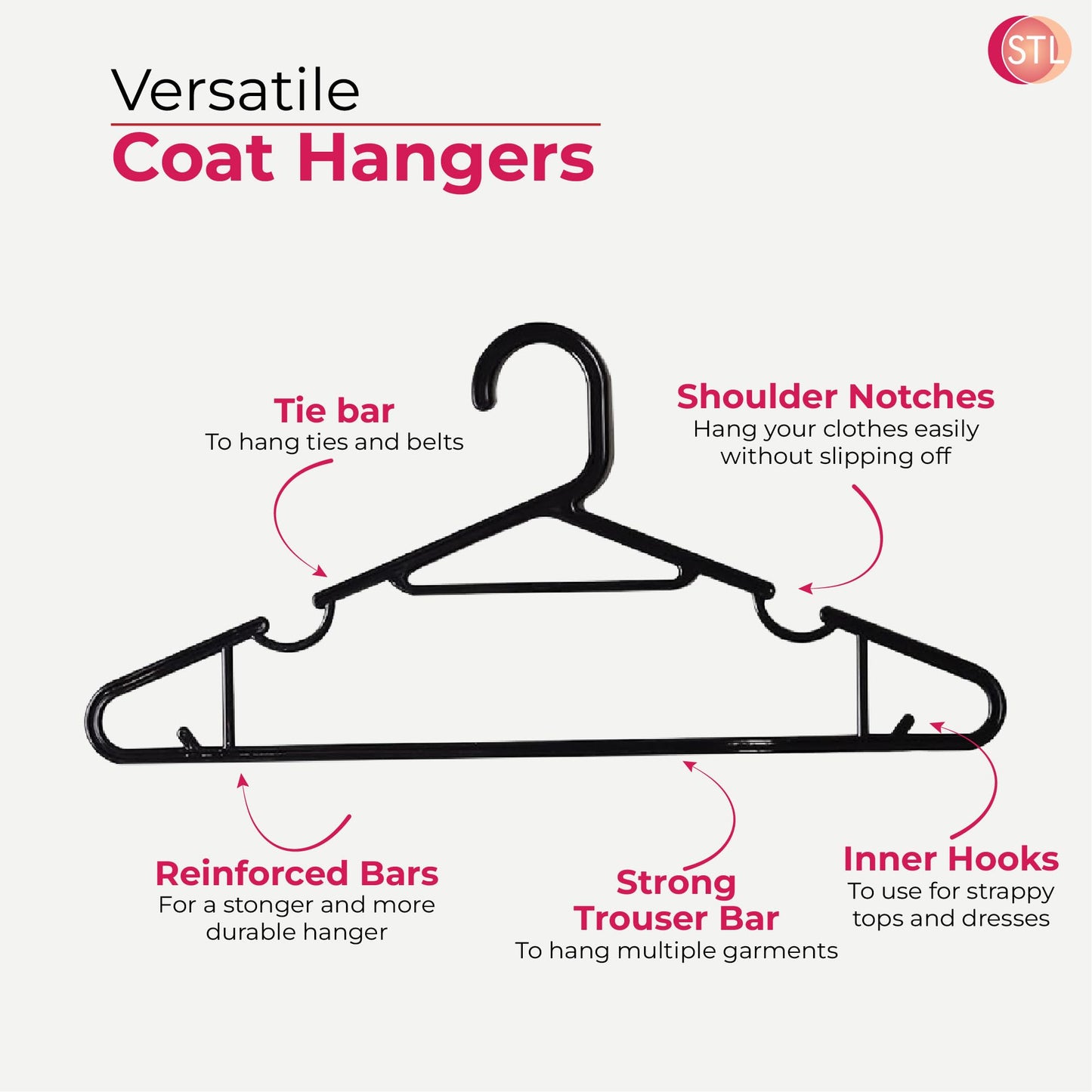 STL 6Pcs Heavy Duty Clothes Hangers, Durable & Sturdy Premium Non-Slip Hangers for Clothes Rail & Closet,360 Degree Swivel Hook,Space Saving Wardrobe Organisers Hangers to hold Suits and Jackets,Black