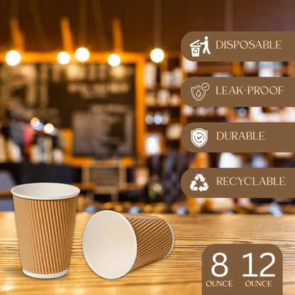 STL Disposable Kraft Coffee Ripple Cups Paper Cups for Hot & Cold Drinks Triple Walled Insulated Leakproof Paper Cup Reusable Takeaway Ideal for Café,Office,Events