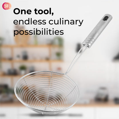 STL Stainless Steel Strainer Wire Skimmer Ladle with Ergonomic Handle Sieves Spider Mesh Filter Solid Utensils Slotted Spoon for Kitchen Frying Chips Food, Pasta, Noodles, Spaghetti