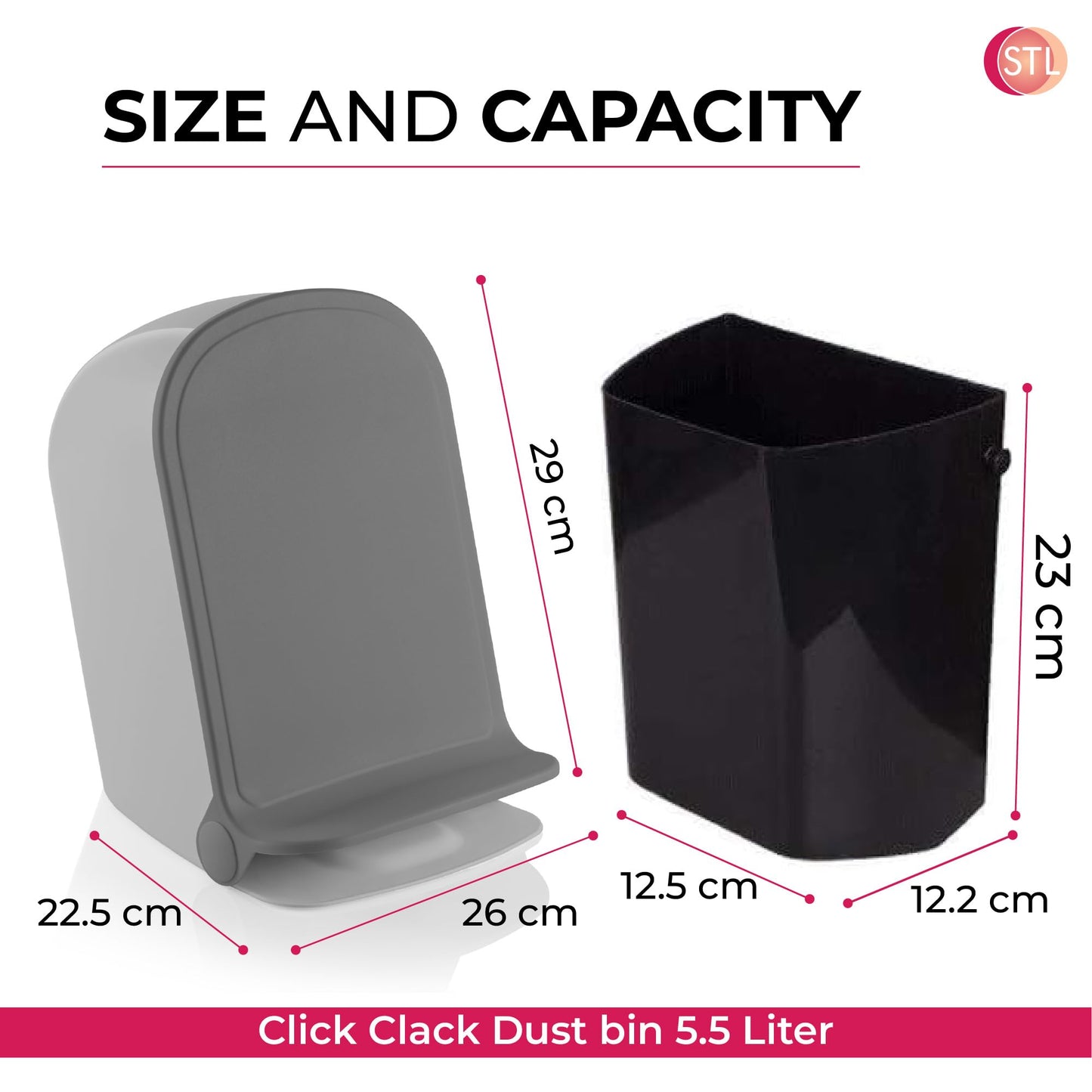 STL Modern Slim Foot Pedal Trash Can 5L Bathroom Bin, Space Saving, Foldable Design, Durable ABS Plastic for Kitchen, Bathroom, Office & More, Hands Free, Odor Control, Easy to Clean