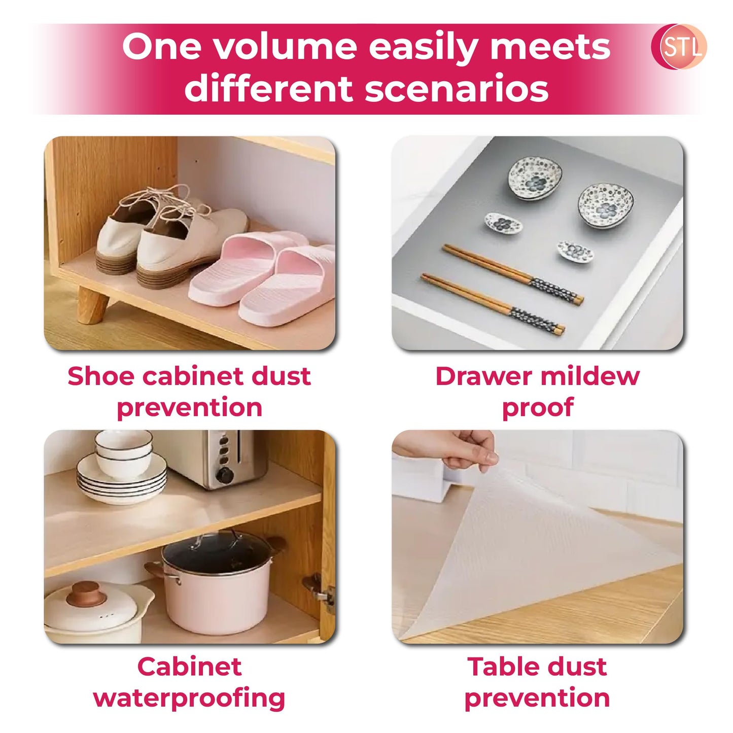 STL Non Slip Shelf Liner Waterproof Washable EVA Drawer Mat for Kitchen Cabinet, Pantry, Fridge & Countertops, Durable Non Adhesive Protector for Drawers & Shelves, Oil Proof Cupboard Liner