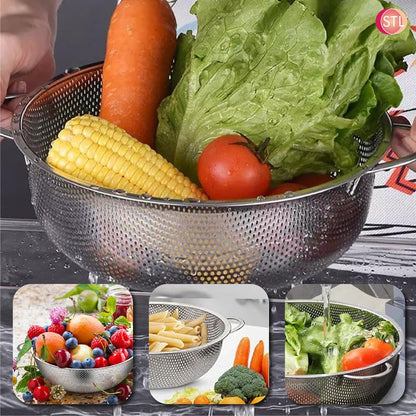 STL Steel Colander with Double Handles 16.5cm, Micro-Perforated for Draining Pasta, Rice, Fruits, Vegetables, Dishwasher Safe Kitchen Strainer, Metal Food Filter, Easy to Clean and Durable