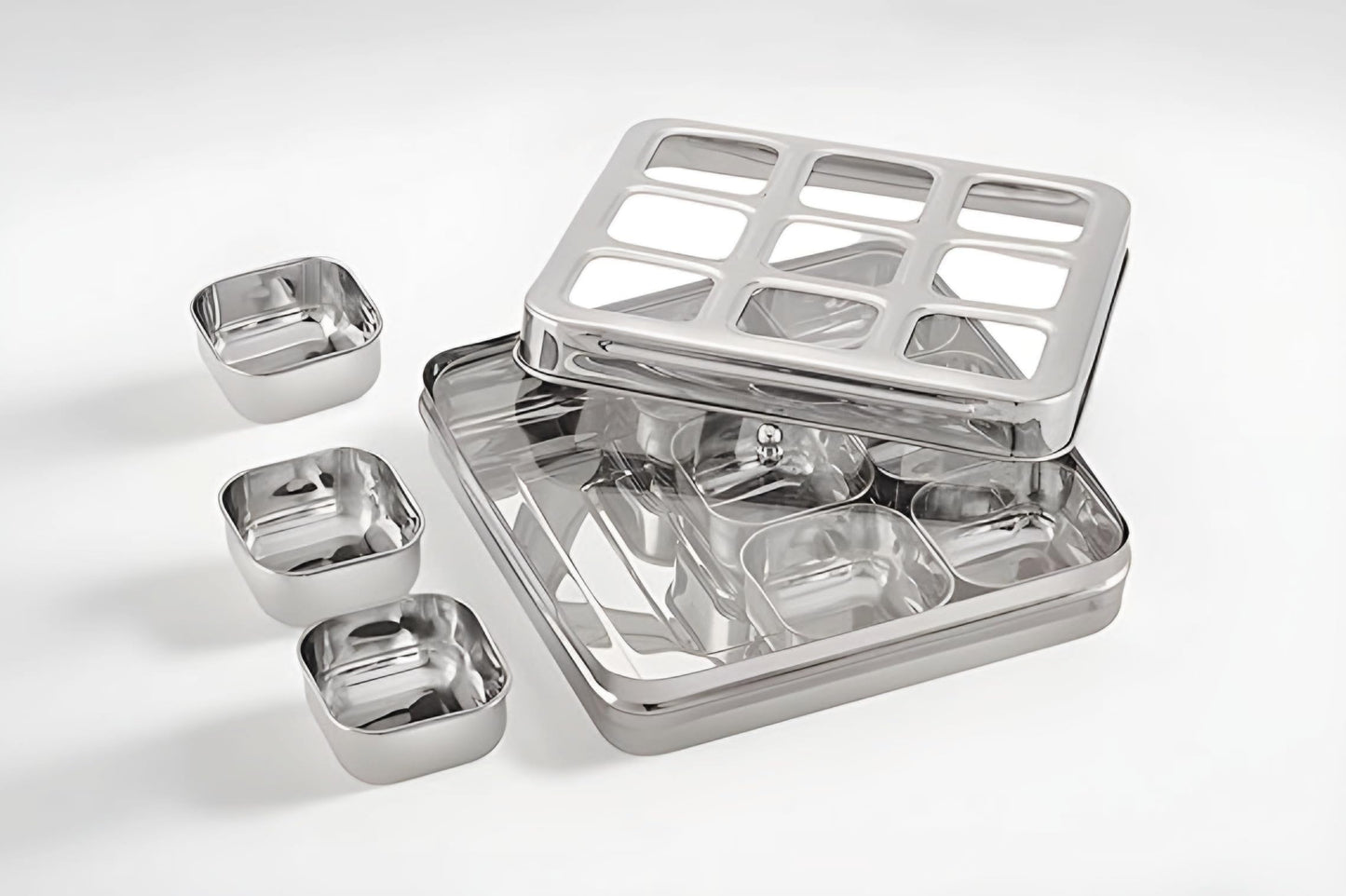 STL Masala Dabba (Spice Box) | Authentic Indian Style Stainless Steel Masala Dabba | with 7 Removable Compartments & 2 Spoons | See through Lid |