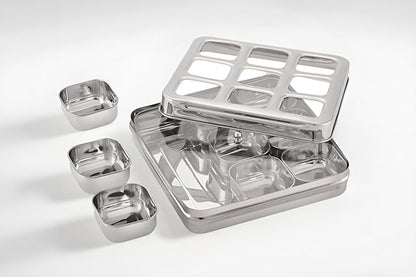 STL Masala Dabba (Spice Box) | Authentic Indian Style Stainless Steel Masala Dabba | with 7 Removable Compartments & 2 Spoons | See through Lid |