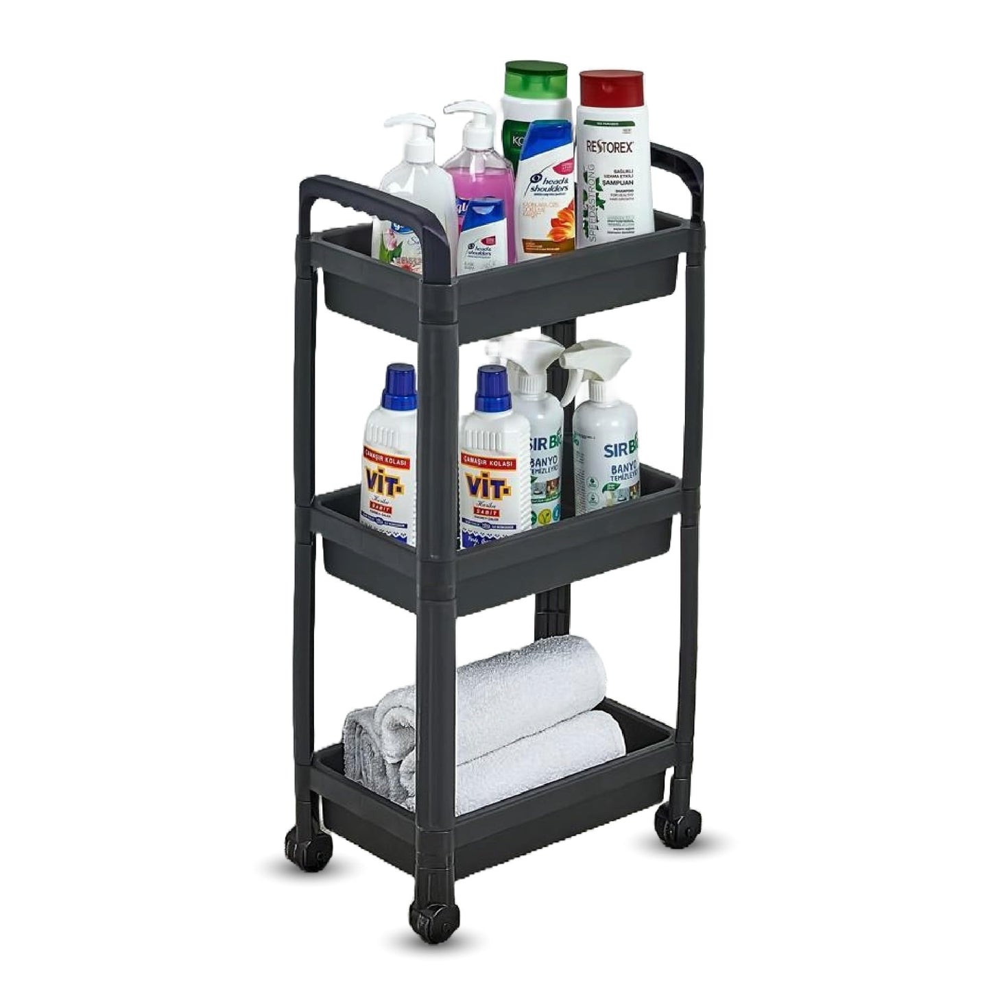 STL 3-Tier Plastic Storage Cart with 2 Sturdy Handle, Rolling Utility Cart with 3 Baskets, Space Saving Organizer for Kitchen, Bathroom, Office and Living Room
