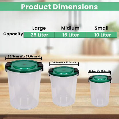 STL Set of 3 Round Plastic Kitchen Food Storage Container Set with Lids(10Ltr,16Ltr,25Ltr) | Airtight & Leakproof Storage Containers | Microwave,Freezer&Dishwasher Safe