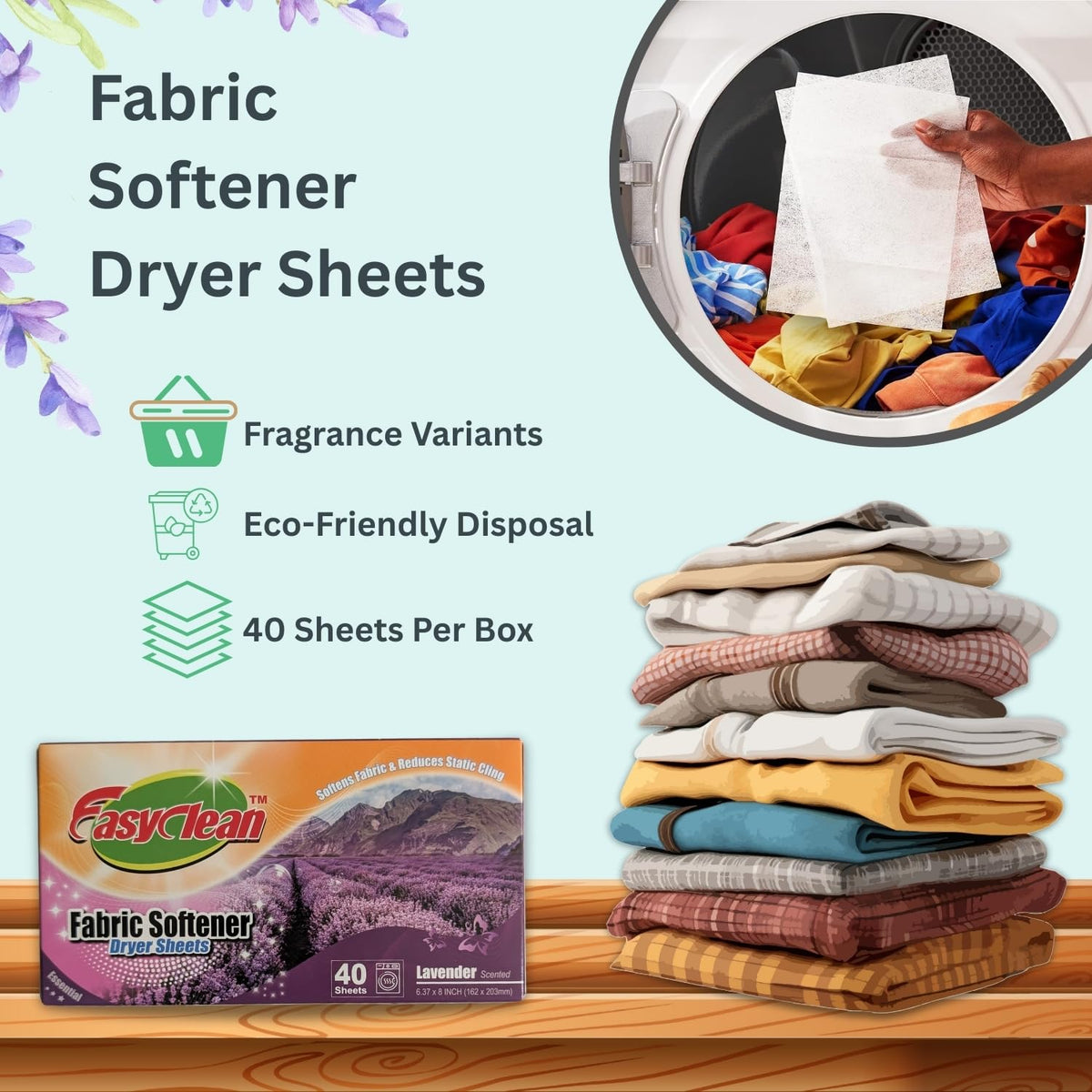 Easyclean Fabric Softener Dryer Sheets Assorted Scents – Fresh Fragrance, Long-Lasting Fresh Scent, Softens Clothes, Reduces Static & Wrinkles, For All Fabric Types, Convenient & Easy-to-Use