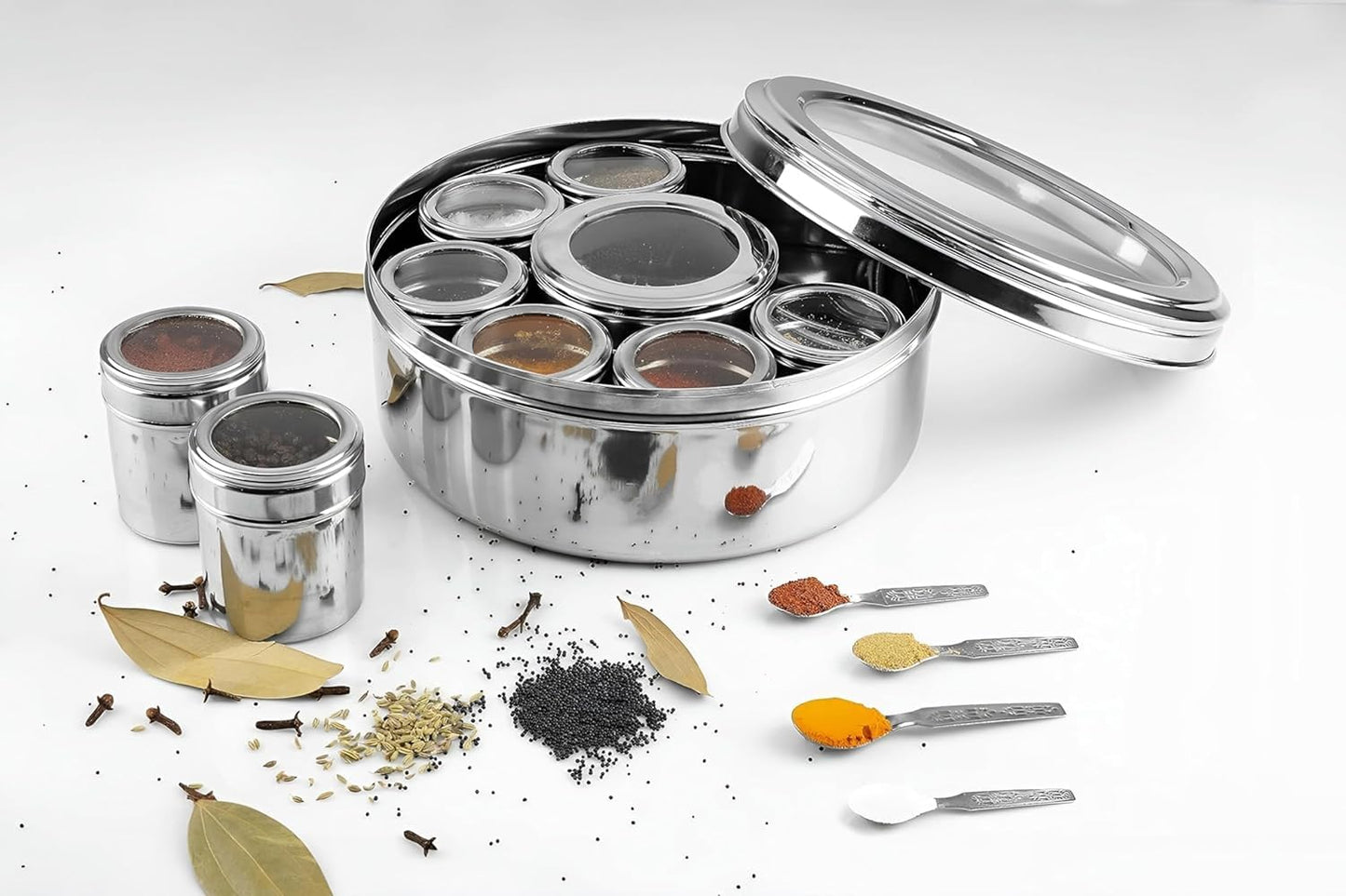 STL Masala Dabba (Spice Box) | Authentic Indian Style Stainless Steel Masala Dabba | with 7 Removable Compartments & 2 Spoons | See through Lid |