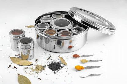 STL Masala Dabba (Spice Box) | Authentic Indian Style Stainless Steel Masala Dabba | with 7 Removable Compartments & 2 Spoons | See through Lid |