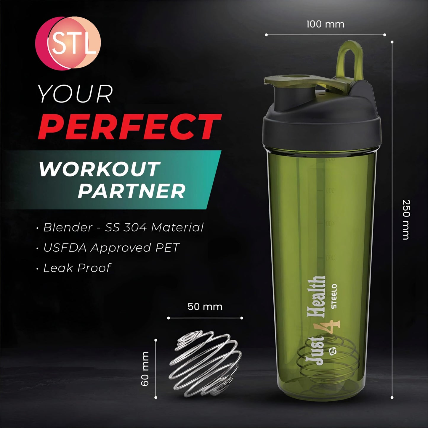 STL Protein Shaker Bottle 650ml – Mixball Shake Blender – Your Perfect Fitness Partner – BPA Free, Leak-Proof, Odorless, and Safe for Freezing – Pick Your Power Color: Green, Blue, or Red