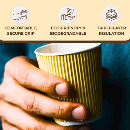 STL Disposable Kraft Coffee Ripple Cups Paper Cups for Hot & Cold Drinks Triple Walled Insulated Leakproof Paper Cup Reusable Takeaway Ideal for Café,Office,Events