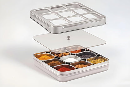 STL Masala Dabba (Spice Box) | Authentic Indian Style Stainless Steel Masala Dabba | with 7 Removable Compartments & 2 Spoons | See through Lid |