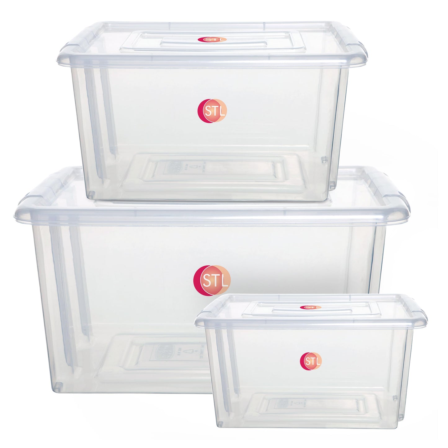 STL Pack of 3 Heavy-Duty Clear Plastic Storage Box with Lid, Stackable Storage Container for Home, Office, Kitchen, Toys Goods, Secure Clip-Lock Lid, Durable Transparent Design (6Ltr,16Ltr, 50Ltr)