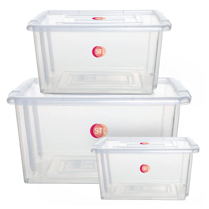 STL Pack of 3 Heavy-Duty Clear Plastic Storage Box with Lid, Stackable Storage Container for Home, Office, Kitchen, Toys Goods, Secure Clip-Lock Lid, Durable Transparent Design (6Ltr,16Ltr, 50Ltr)