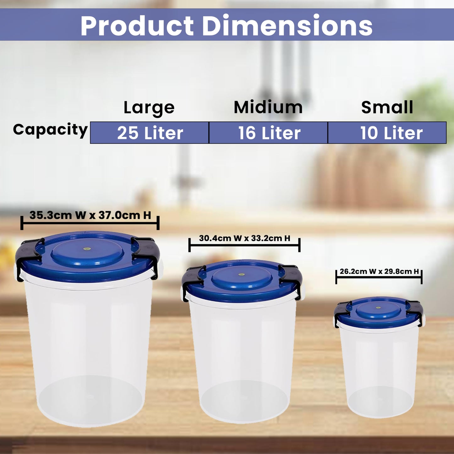 STL Set of 3 Round Plastic Kitchen Food Storage Container Set with Lids(10Ltr,16Ltr,25Ltr) | Airtight & Leakproof Storage Containers | Microwave,Freezer&Dishwasher Safe