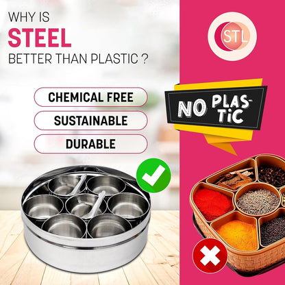 STL Masala Dabba (Spice Box) | Authentic Indian Style Stainless Steel Masala Dabba | with 7 Removable Compartments & 2 Spoons | See through Lid |