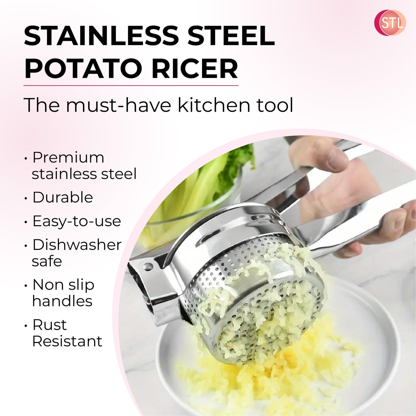STL Heavy Duty Stainless Steel Potato Ricer, Multipurpose Masher & Juicer for Mashed Potatoes, Vegetable Puree, Spaetzle & Fruit Press, Dishwasher Safe Kitchen Utensil