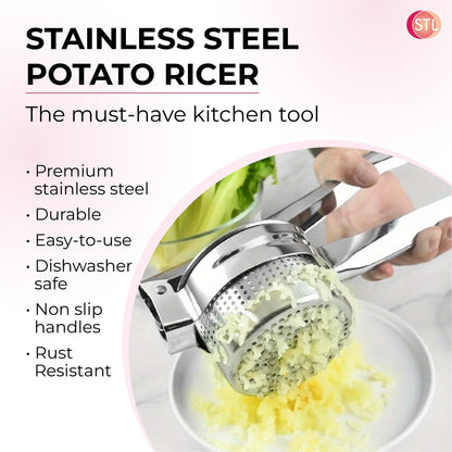 STL Heavy Duty Stainless Steel Potato Ricer, Multipurpose Masher & Juicer for Mashed Potatoes, Vegetable Puree, Spaetzle & Fruit Press, Dishwasher Safe Kitchen Utensil
