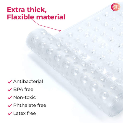 STL Extra Long Non Slip Bath Mat 40x70cm Anti Mold Shower Mat with Suction Cups & Drain Holes, Machine Washable, Safe for Kids & Elderly, Clear Bathroom & Bathtub Mat