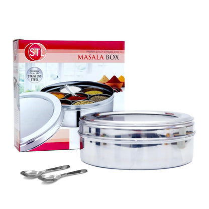 STL Masala Dabba (Spice Box) | Authentic Indian Style Stainless Steel Masala Dabba | with 7 Removable Compartments & 2 Spoons | See through Lid |