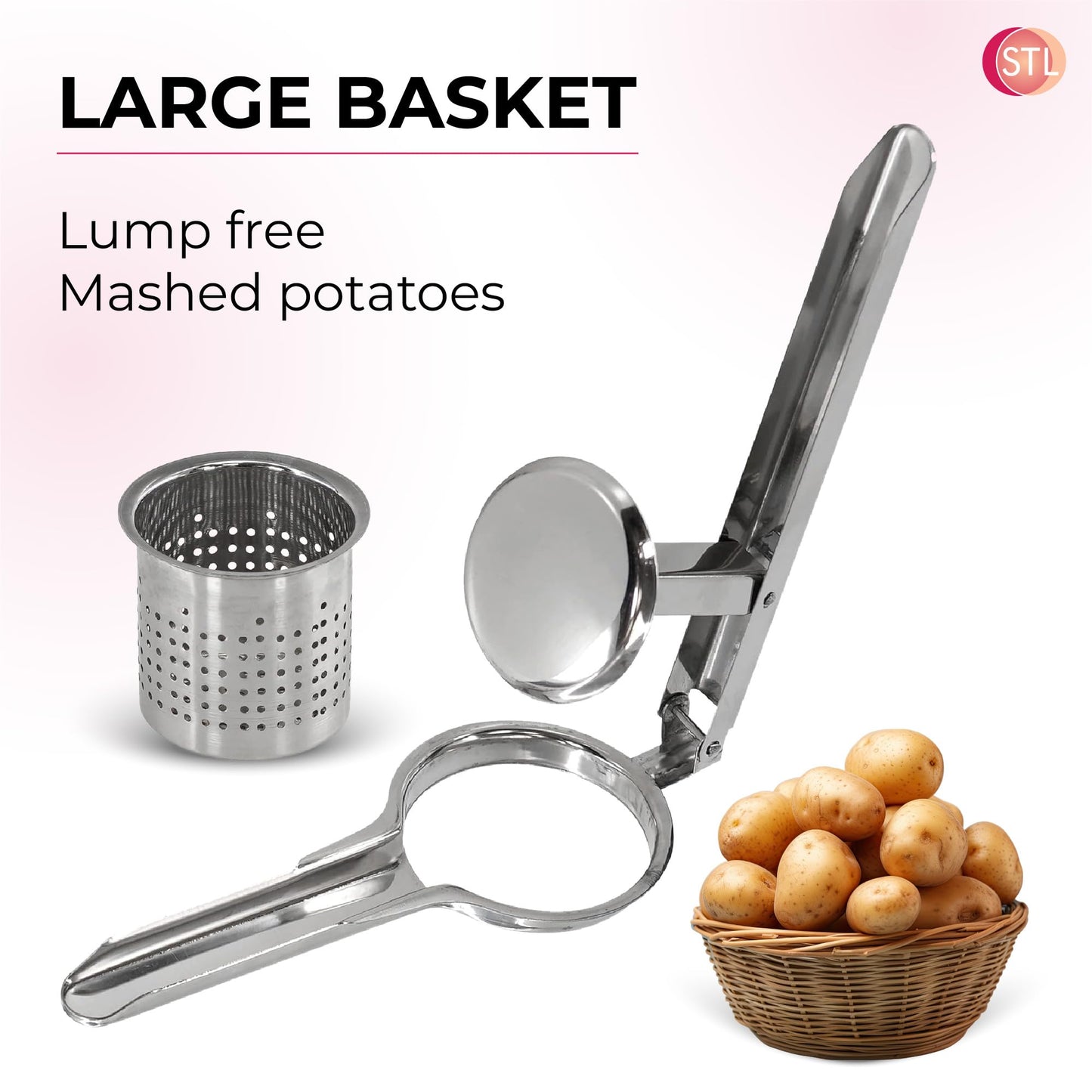 STL Heavy Duty Stainless Steel Potato Ricer, Multipurpose Masher & Juicer for Mashed Potatoes, Vegetable Puree, Spaetzle & Fruit Press, Dishwasher Safe Kitchen Utensil