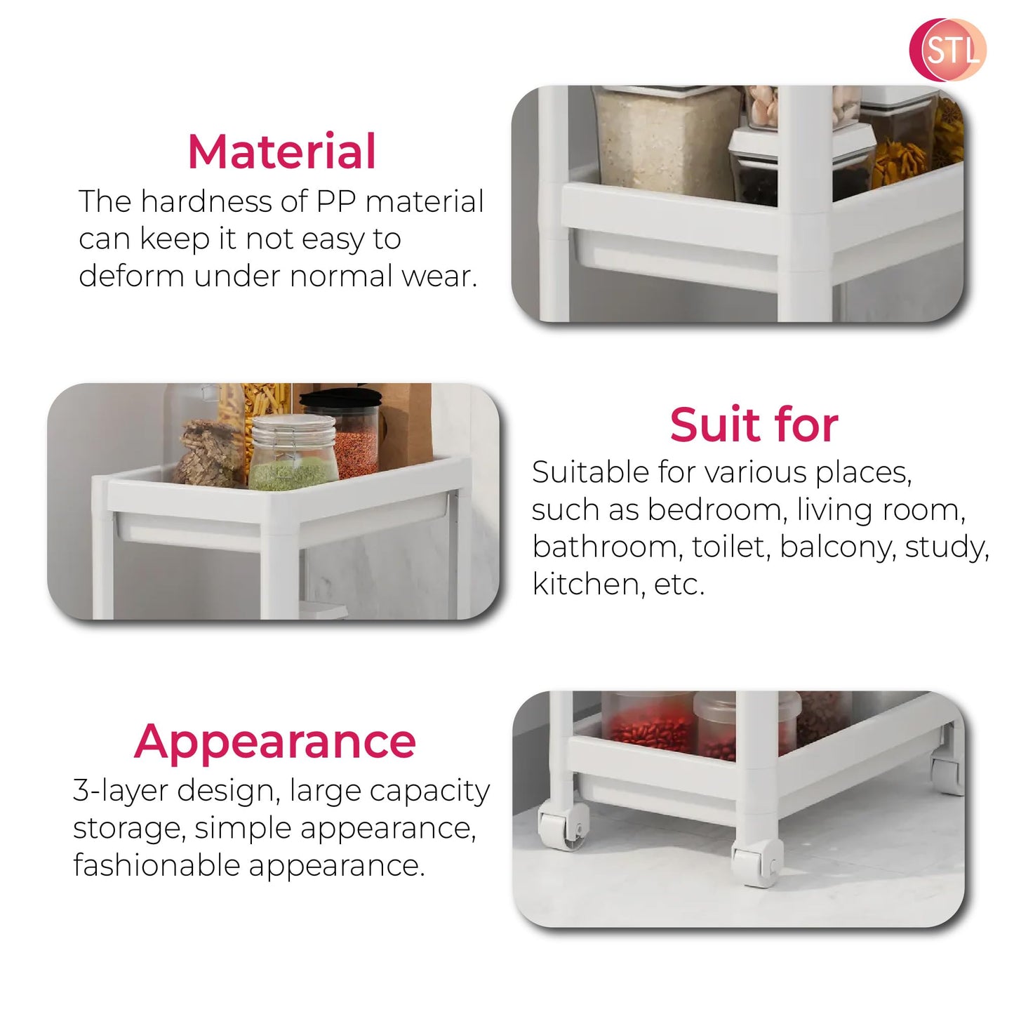 STL 3-Tier Plastic Storage Cart with 2 Sturdy Handle, Rolling Utility Cart with 3 Baskets, Space Saving Organizer for Kitchen, Bathroom, Office and Living Room