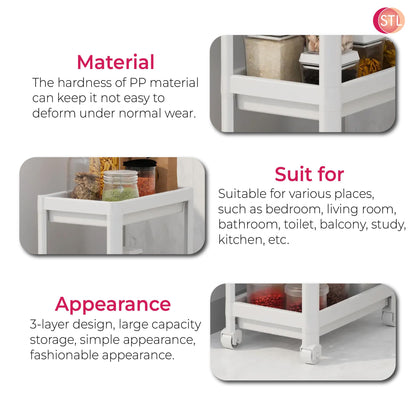 STL 3-Tier Plastic Storage Cart with 2 Sturdy Handle, Rolling Utility Cart with 3 Baskets, Space Saving Organizer for Kitchen, Bathroom, Office and Living Room
