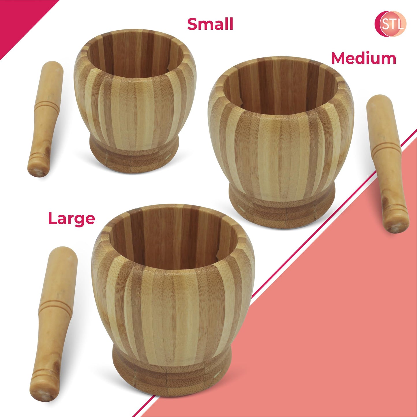 STL Bamboo Mortar and Pestle Set, Spice & Herb Crusher Grinder for Garlic, Pepper, Seeds, Nuts, and Chili, Perfect Kitchen Utensil and Housewarming Gift