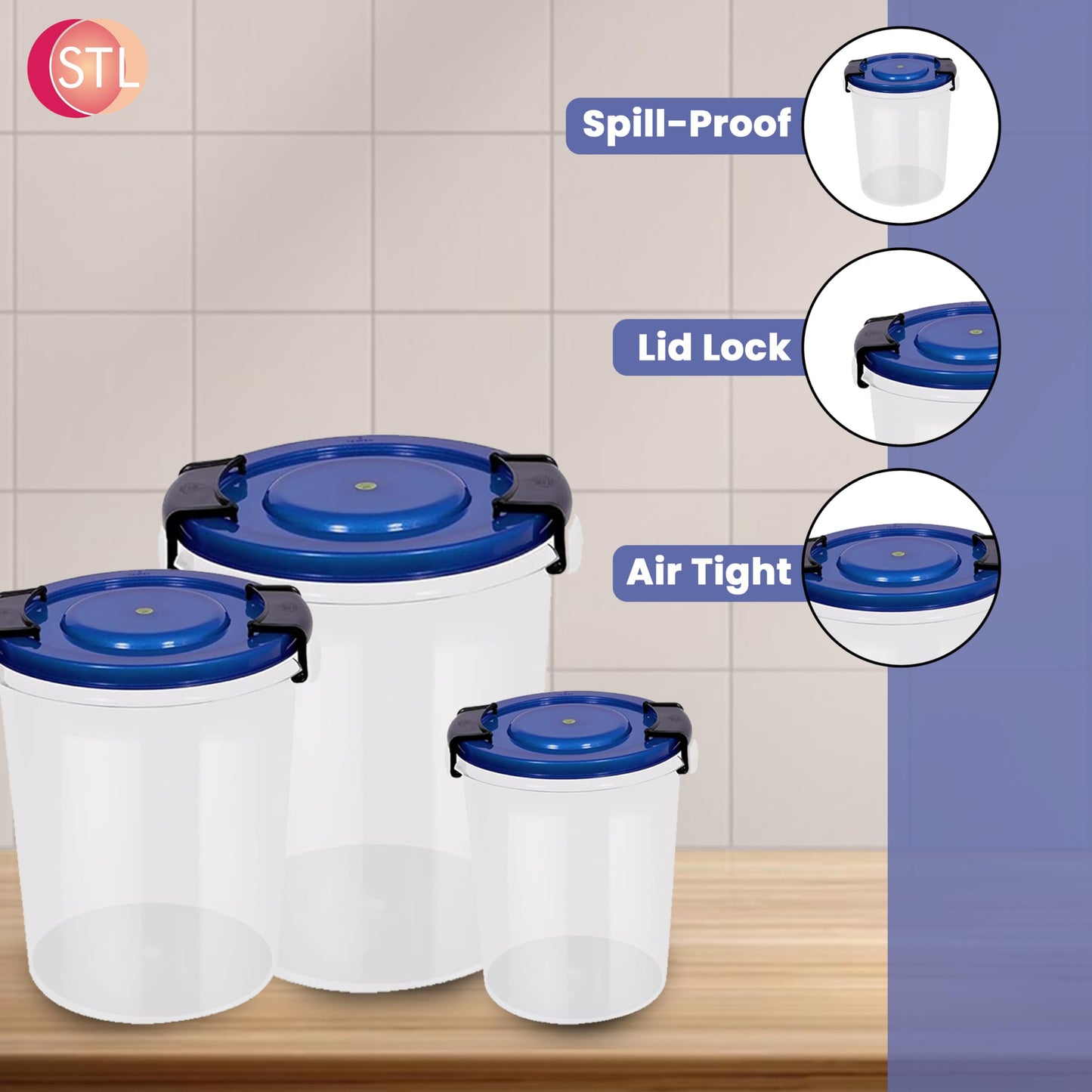 STL Set of 3 Round Plastic Kitchen Food Storage Container Set with Lids(10Ltr,16Ltr,25Ltr) | Airtight & Leakproof Storage Containers | Microwave,Freezer&Dishwasher Safe