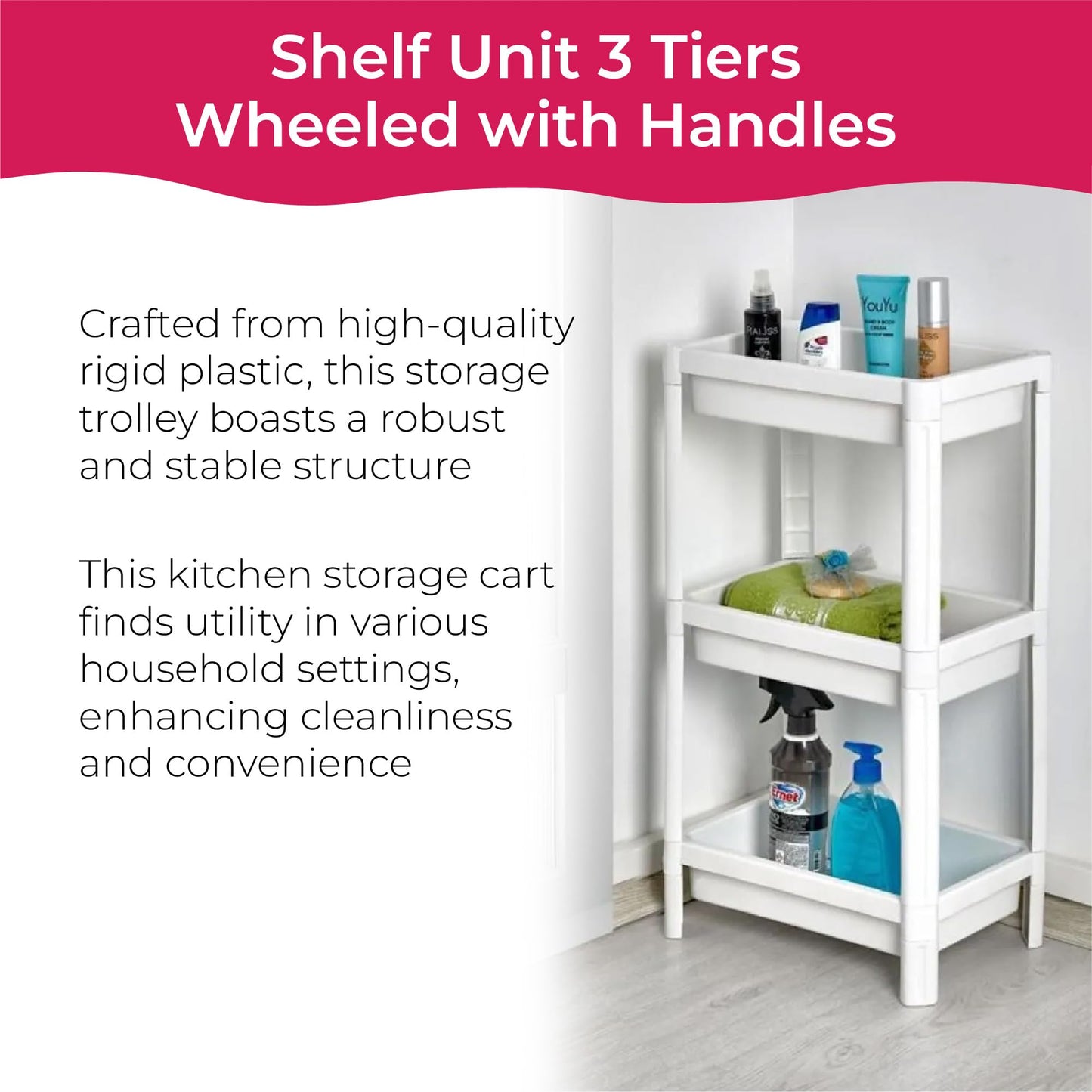 STL 3-Tier Plastic Storage Cart with 2 Sturdy Handle, Rolling Utility Cart with 3 Baskets, Space Saving Organizer for Kitchen, Bathroom, Office and Living Room