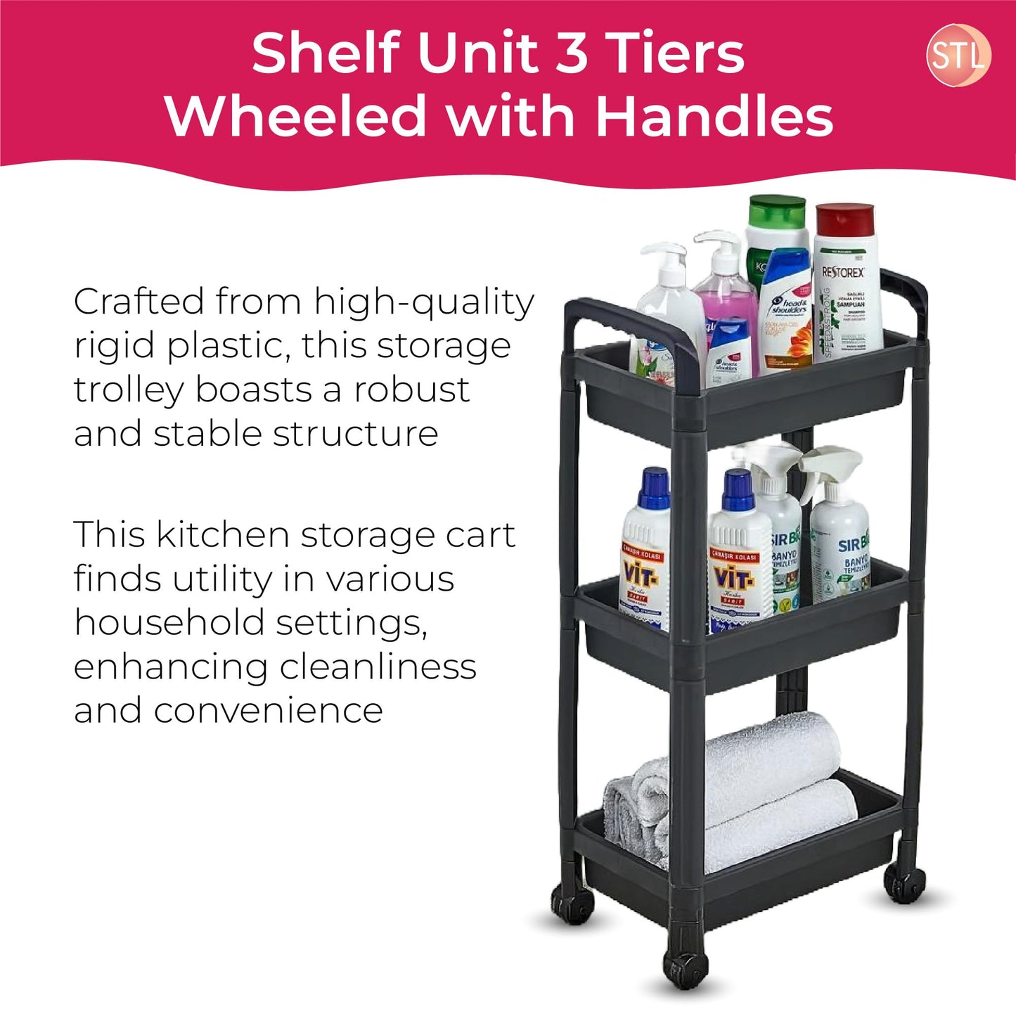 STL 3-Tier Plastic Storage Cart with 2 Sturdy Handle, Rolling Utility Cart with 3 Baskets, Space Saving Organizer for Kitchen, Bathroom, Office and Living Room