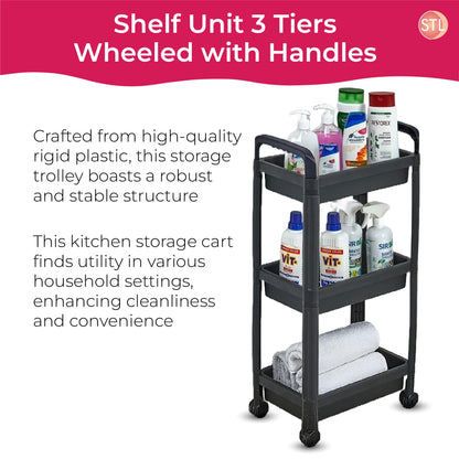 STL 3-Tier Plastic Storage Cart with 2 Sturdy Handle, Rolling Utility Cart with 3 Baskets, Space Saving Organizer for Kitchen, Bathroom, Office and Living Room