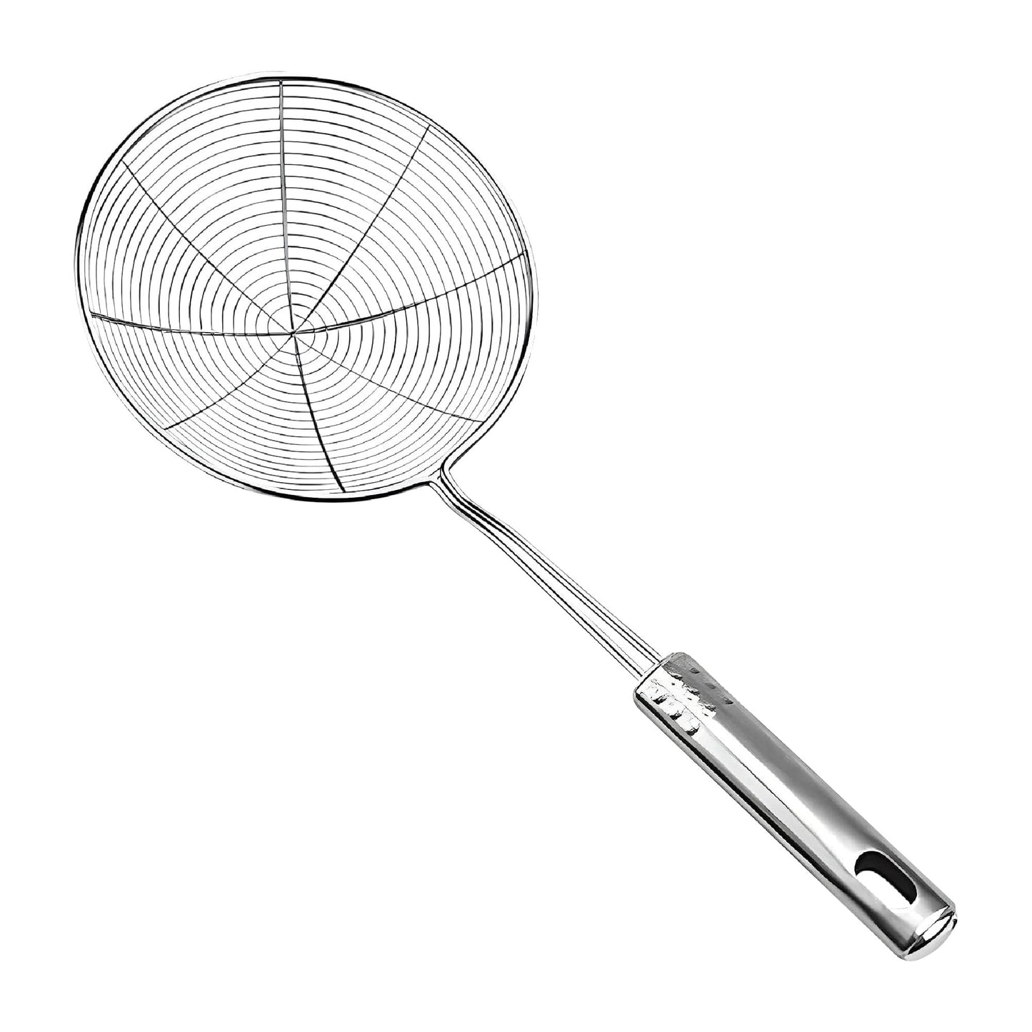 STL Steel Strainer Skimmer Ladle with Ergonomic Handle, Spider Mesh Filter, Solid Utensils Slotted Spoon for Kitchen, Frying Food, Pasta, Noodles, Spaghetti