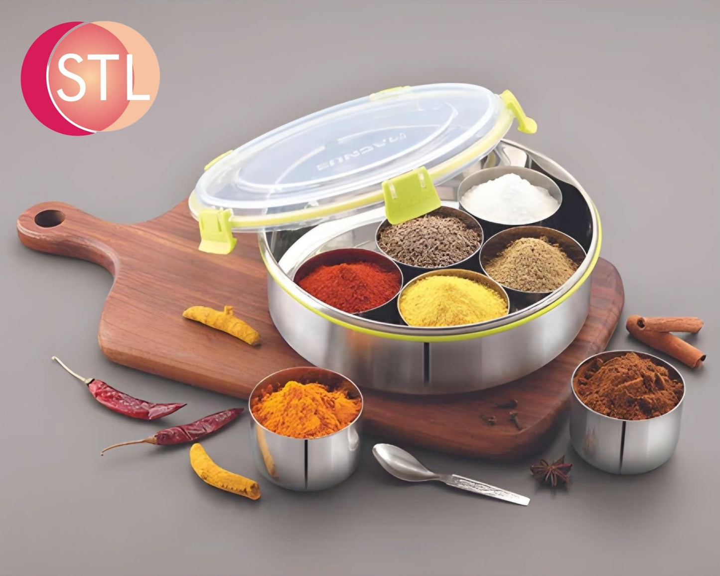 STL Masala Dabba (Spice Box) | Authentic Indian Style Stainless Steel Masala Dabba | with 7 Removable Compartments & 2 Spoons | See through Lid |