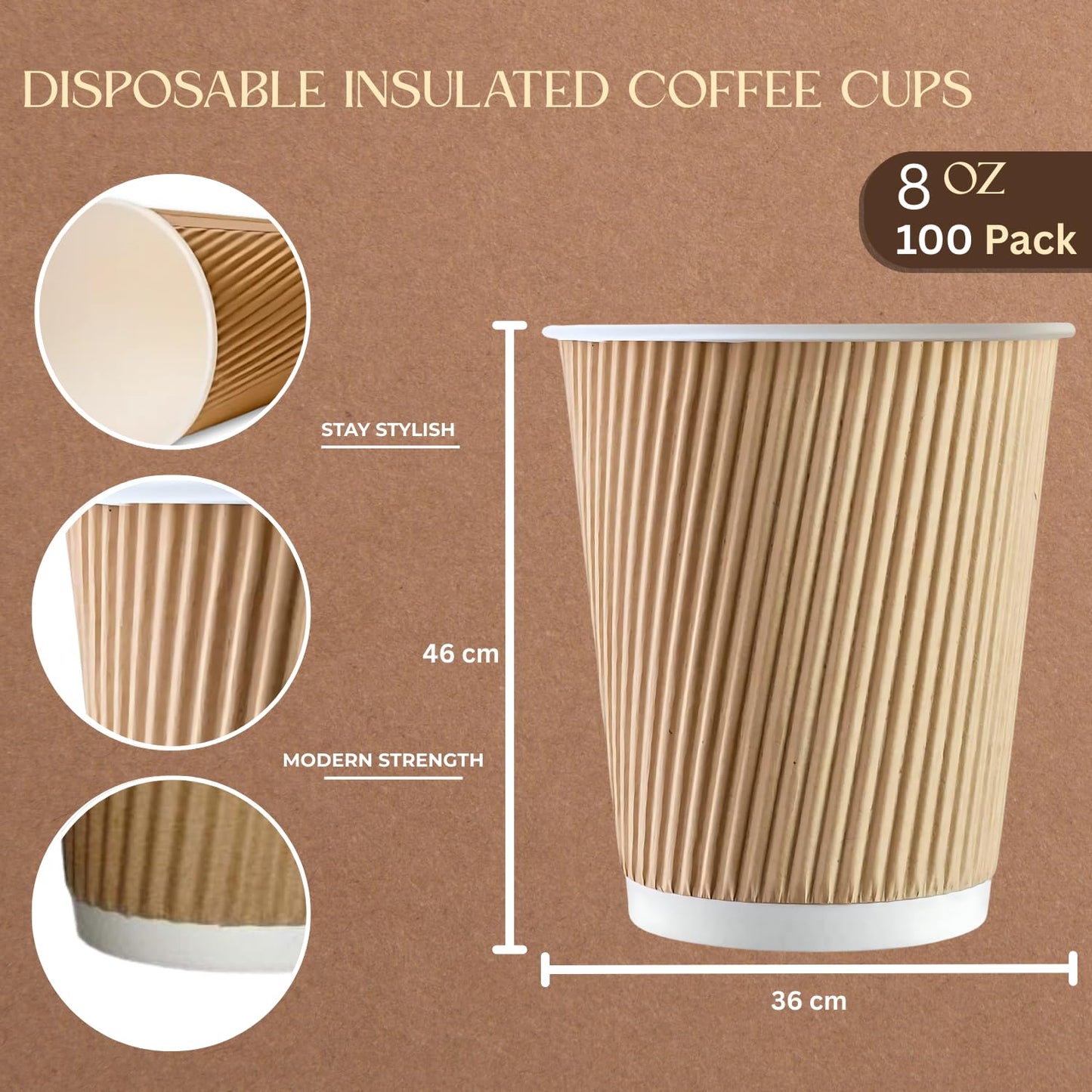 STL Disposable Kraft Coffee Ripple Cups Paper Cups for Hot & Cold Drinks Triple Walled Insulated Leakproof Paper Cup Reusable Takeaway Ideal for Café,Office,Events